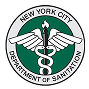the DSNY emblem has text that reads "New York Department of Sanitation" in a circle surrounding a caduceus.
