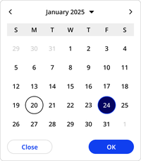 January 2025 is displayed with a previous, next and dropdown to change the month/year, days of the week are labeled: S, M, T, W, T, F, S. Dates are shown in a grid with the 20th circled with just a black outline and the 24th has a solid dark blue circle and the number inverted to white. Below the calendar grid there is a Close secondary button and OK primary button.