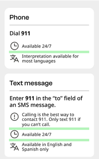 Black and white screenshot showing example of 8px spacing on mobile. The example highlights the area between items in a list with icons, list items include a clock icon accompanied by "Available 24/7" and a translation icon accompanied by "Interpretation available for most languages."