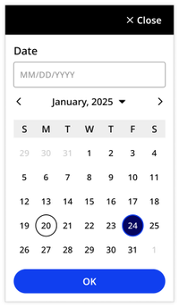 Differences include a button labeled Close with an X icon in the top right corner, a date input component at the top beneath the title 'Date' and below the same calendar grid a single OK primary button.