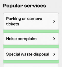 Black and white screenshot showing example of 24px spacing on mobile. The example highlights the spaces between link cards in a "Popular services" section.