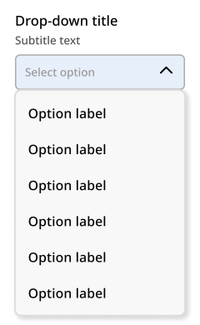 The background of the drop-down select rectangle becomes light blue. The carat becomes an up-facing carat. A light grey rectangle container extends from the bottom of the drop-down select box. Six options for the user to select are visible in the container.