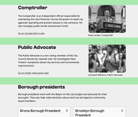 Black and white screenshot showing examples of 64px spacing on desktop. The example highlights the space between the bottom of one content area and the top of the next, such as between the Comptroller section and the Public advocate section.