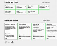 Black and white screenshot showing examples of 24px spacing on desktop. The examples highlight the spaces between link cards in a "Popular services" section and between event cards in an "Upcoming events" section.
