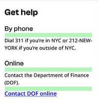 Black and white screenshot showing examples of 16px spacing on mobile. The example is a "Get help" section. The example highlights the space between the H3 headings and subsequent body content, and between body content and standalone links. For example, the H3 "Online," the description "Contact the Department of Finance (DOF)," and the link "Contact DOF online."