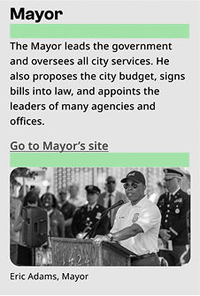 Black and white screenshot showing example of 32px spacing on mobile. The example highlights the space between headings and body text, such as between the heading "Mayor" and the text "The mayor leads the government..."