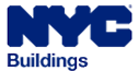 The DOB logotype, the NYC logo in blue above the word "Buildings"