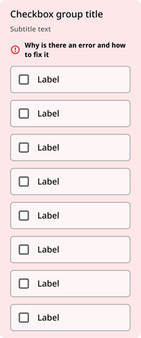 Light red rectangle includes the checkbox group title, subtitle text, added dark red information icon with black text reading Why is there an error and how to fix it, and checkbox buttons. Checkbox buttons background is an even lighter red but the checkboxes are still white.