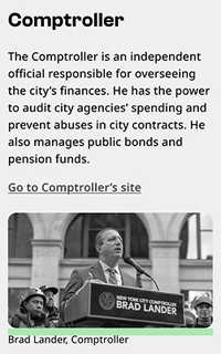 Black and white screenshot showing example of 8px spacing on mobile. The example highlights the area between a photo of the Comptroller and the caption showing his name and title.