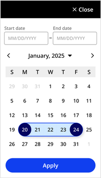 Same date selection visual from the desktop, and similar single date mobile controls of close at the top, but with Start date and End date inputs and the button at the bottom is Apply rather than OK