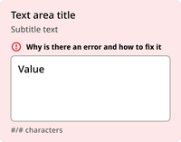 In the error state, the background of the entire component turns light red. The rectangle remains white. An error message "Why is there an error and how to fix it" appears below the title and subtitle, alongside a red exclamation point in a circle icon.