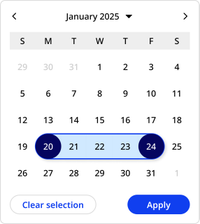 20th and 24th are now both solid dark blue circle and the number inverted to white, the dates between have a light blue background and an outline of blue connecting the two circles, additionally the buttons have changed to be Clear selection secondary button and Apply primary button.