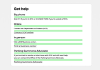 Black and white screenshot showing examples of 16px spacing on desktop. The example is a "Get help" section. The example highlights the space between the H3 headings and subsequent body content, and between body content and standalone links. For example, the H3 "Online," the description "Contact the Department of Finance (DOF)," and the link "Contact DOF online."