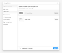 A pop-up window within the Figma design file listing newly updated components and an “update all” button to update them.