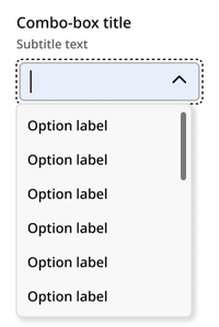 A dashed line around a light blue rectangle, with insertion point indicator on the left and up-facing caret to the right, light grey rectangle container extends from the bottom of the combo-box shows six options within a scrollable list – title and subtitle are still viewable above the control.
