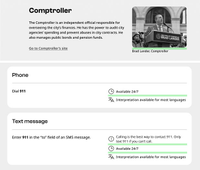 Black and white screenshots showing examples of 8px spacing on desktop. The first example highlights the area between a photo of the Comptroller and the caption showing his name and title. The second example highlights the space between a list with icons, list items include a clock icon accompanied by "Available 24/7" and a translation icon accompanied by "Interpretation available for most languages."