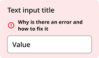 In the error state, the background of the entire component turns light red. The rectangle remains white. An error message "Why is there an error and how to fix it" appears below the title, alongside a red exclamation point in a circle icon.