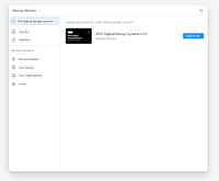 A pop-up window within the Figma design file with an active search bar searching for “NYC digital design system”.