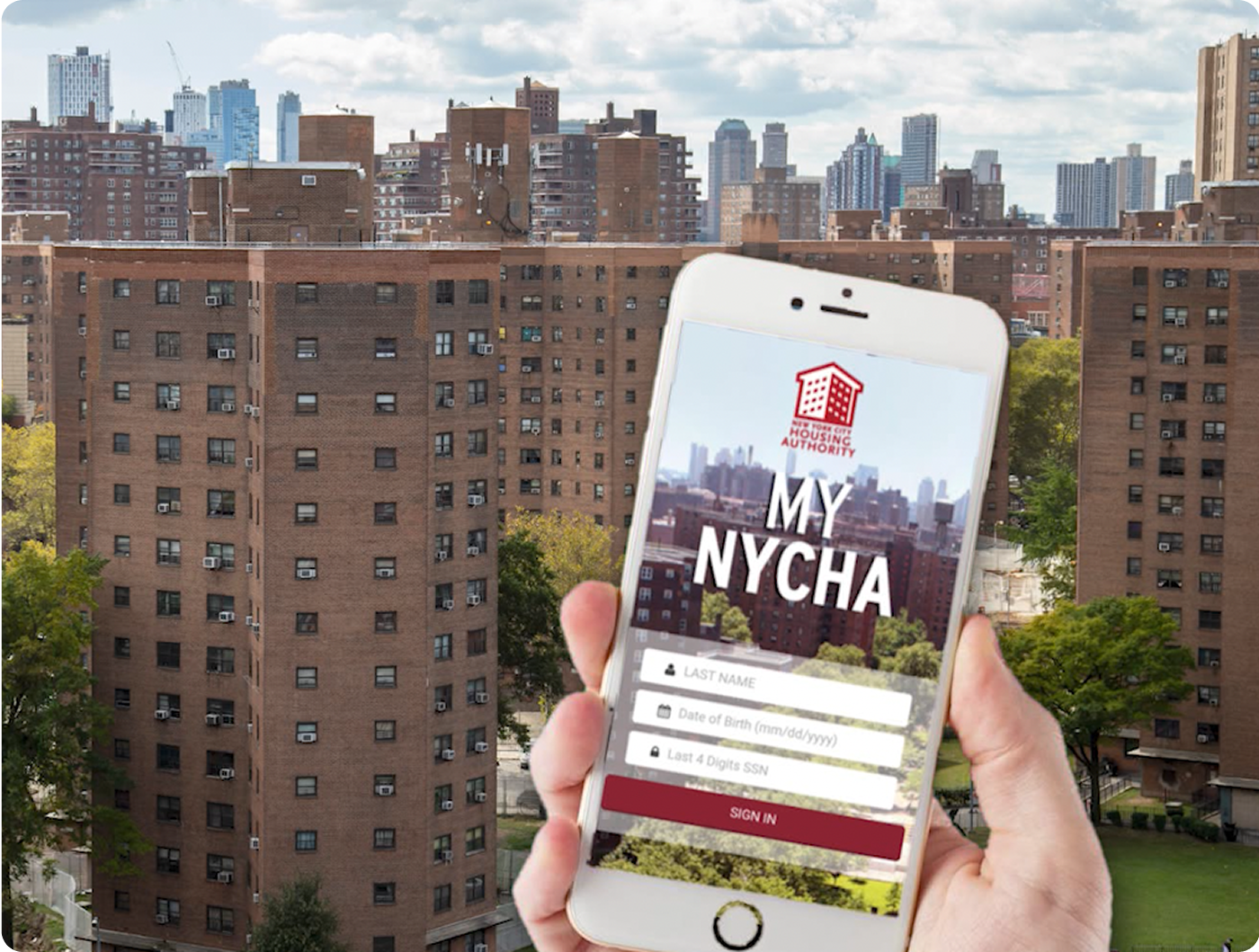 Photo of a "My NYCHA" application screen on an iPhone held in a hand. The hand and phone are composited over a photo of NYCHA buildings.