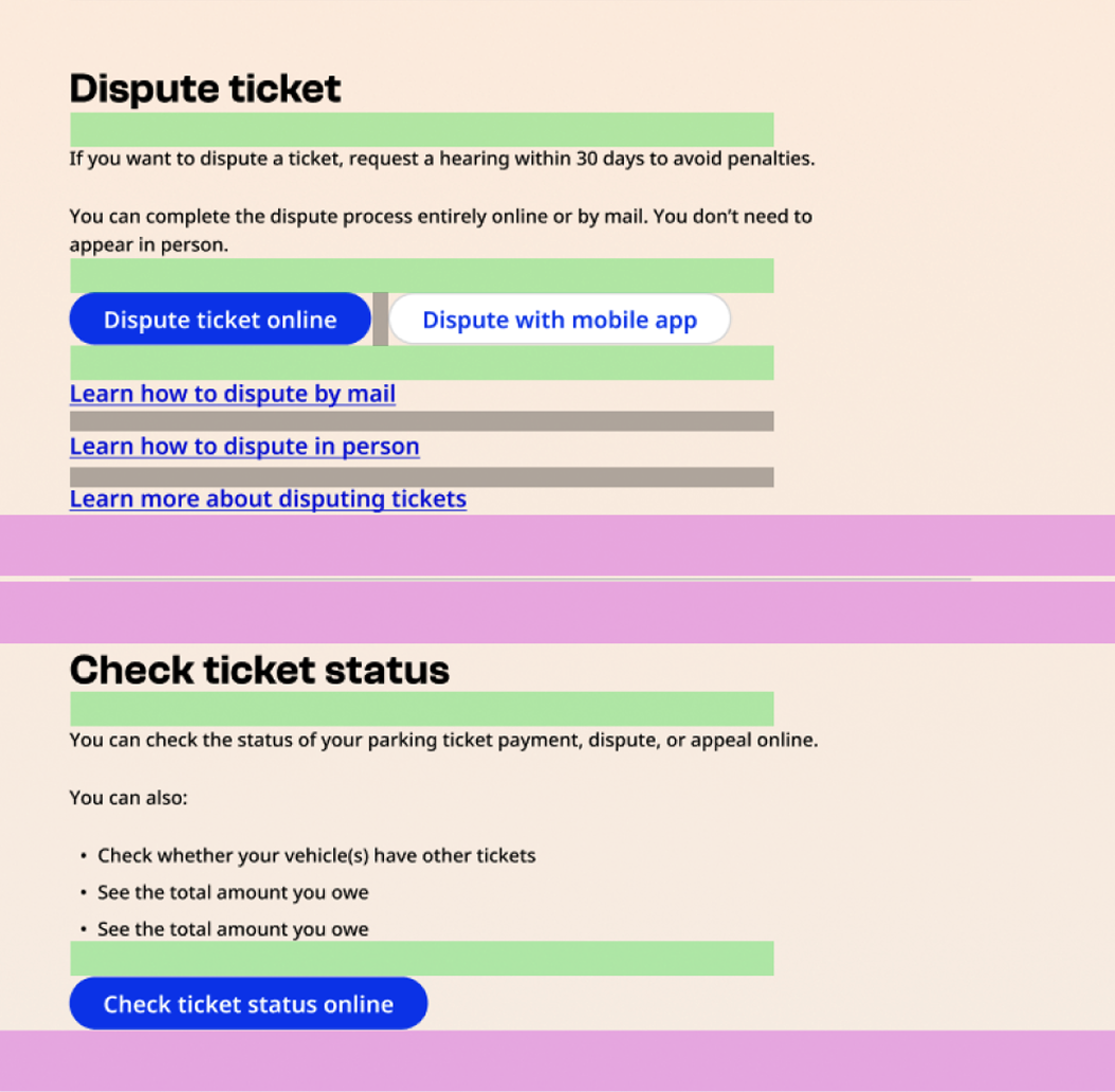 Desktop nyc.gov screenshot of a page about parking tickets. Green bars are added to show short spacing distance and purple bars are added to show large spacing distance. Items in the same section, such as the header "Dispute ticket," its description, and related buttons and links are closer together than the space between sections.