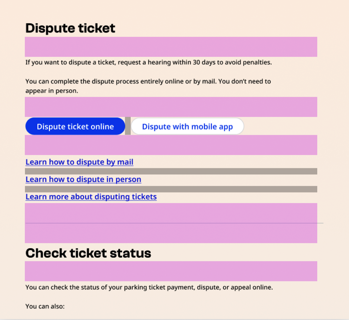 Desktop nyc.gov screenshot of a page about parking tickets. The example shows incorrect spacing. Purple bars are added to large spacing distance. The space between elements within a section and between different sections is the same.