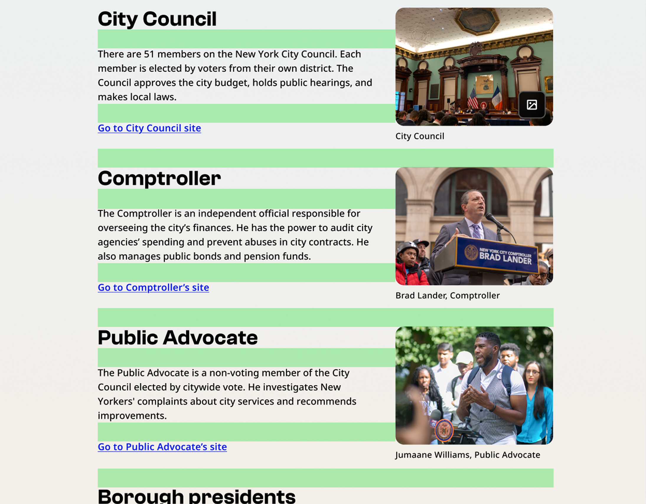 Desktop nyc.gov screenshot of a page about local government. The example shows incorrect spacing. All of the spacing is represented by green bars showing short distances. The space between elements within a section and between different sections is the same.