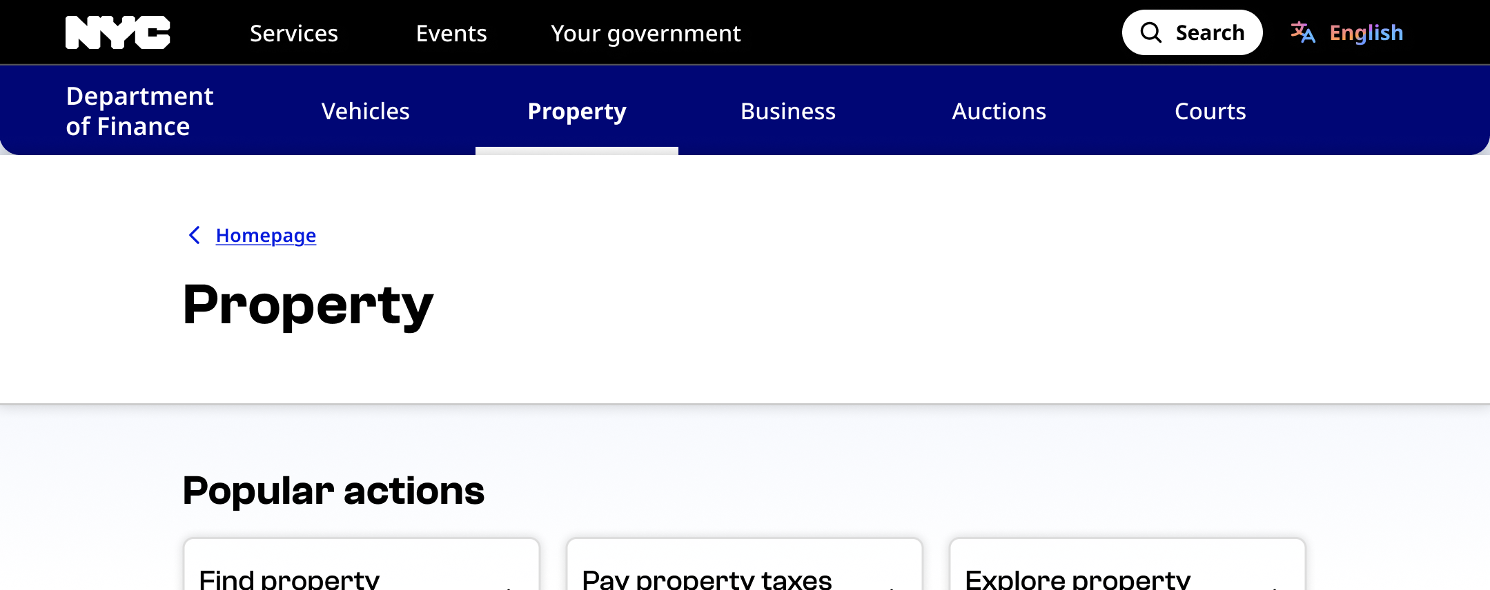 YC.gov Department of Finance desktop view of the Property page, with homepage as the breadcrumb
