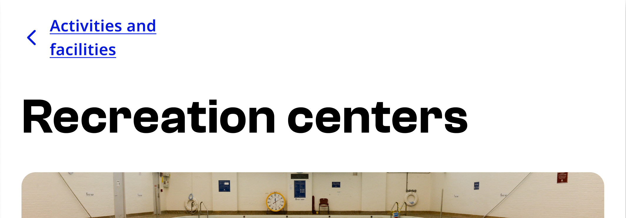 Landscape view of a breadcrumb in 2 lines- the word facilities is under the words Activities and