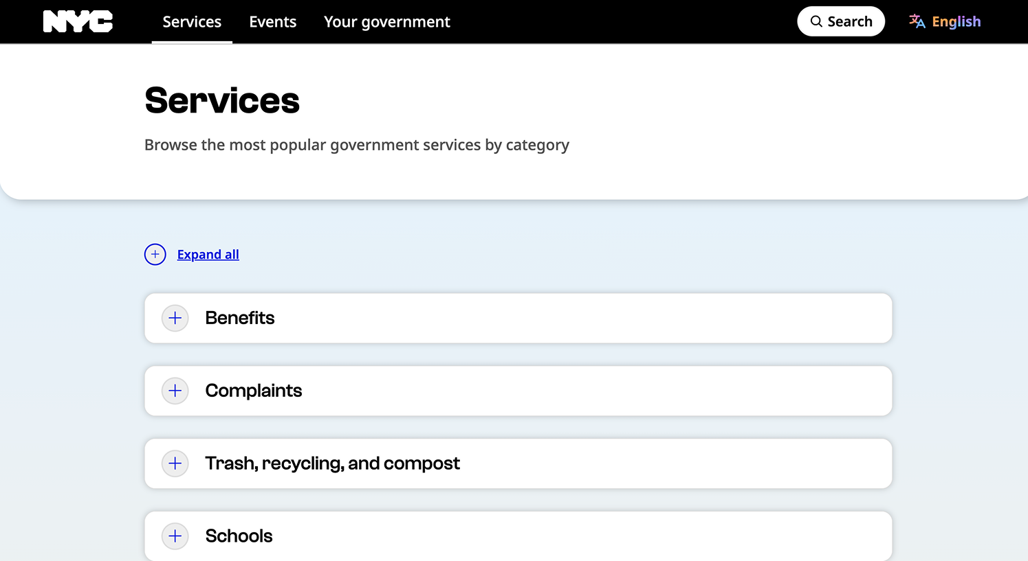 Desktop view of the NYC Services page, subheading is a single line of text - Expand all, followed by 4 collapsed buttons for Benefits, Complaints, Trash…, & Schools.