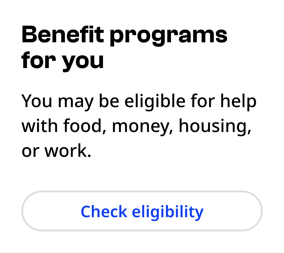 Same text as last example but now Check eligibility is styled as a secondary button, with no primary button before it