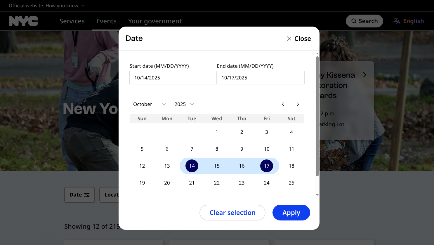 Desktop view of the Date dialog on-top of a greyed-out page, October 14th 2025 to October 17 is selected