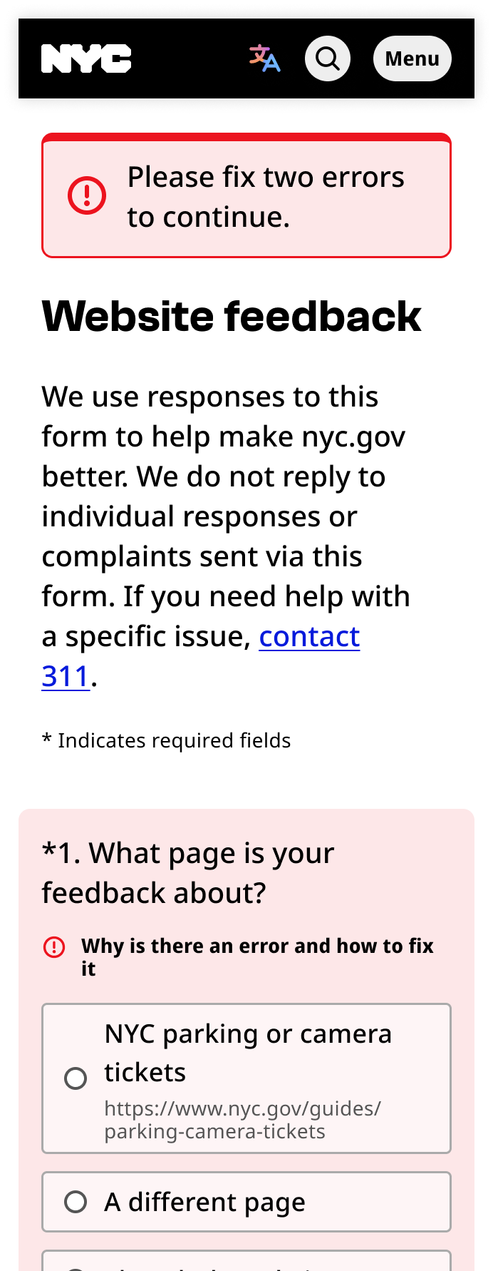 Mobile nyc.gov screenshot of a "Website feedback" form. The error summary reads "Please fix two errors to continue."