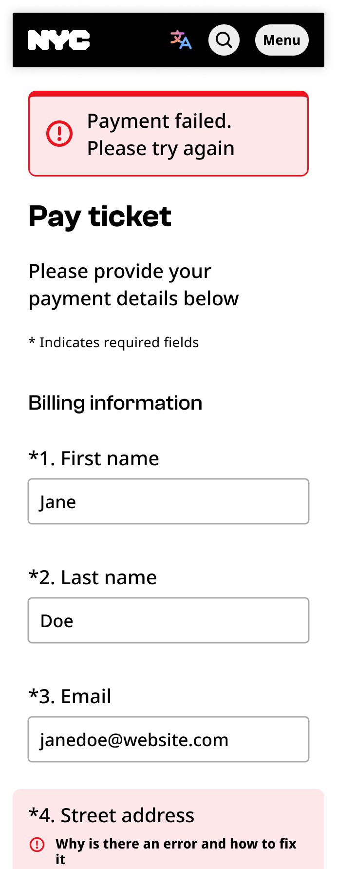 Mobile nyc.gov screenshot of a "Pay ticket" form. The error summary reads "Payment failed. Please try again."