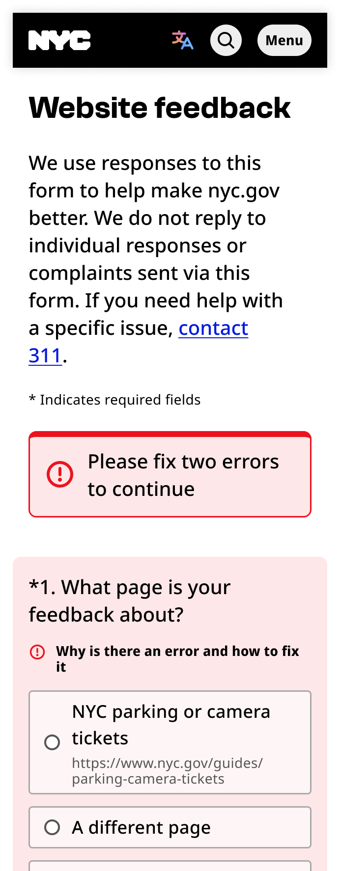 Mobile nyc.gov screenshot showing incorrect placement of the error summary component below the form introduction.