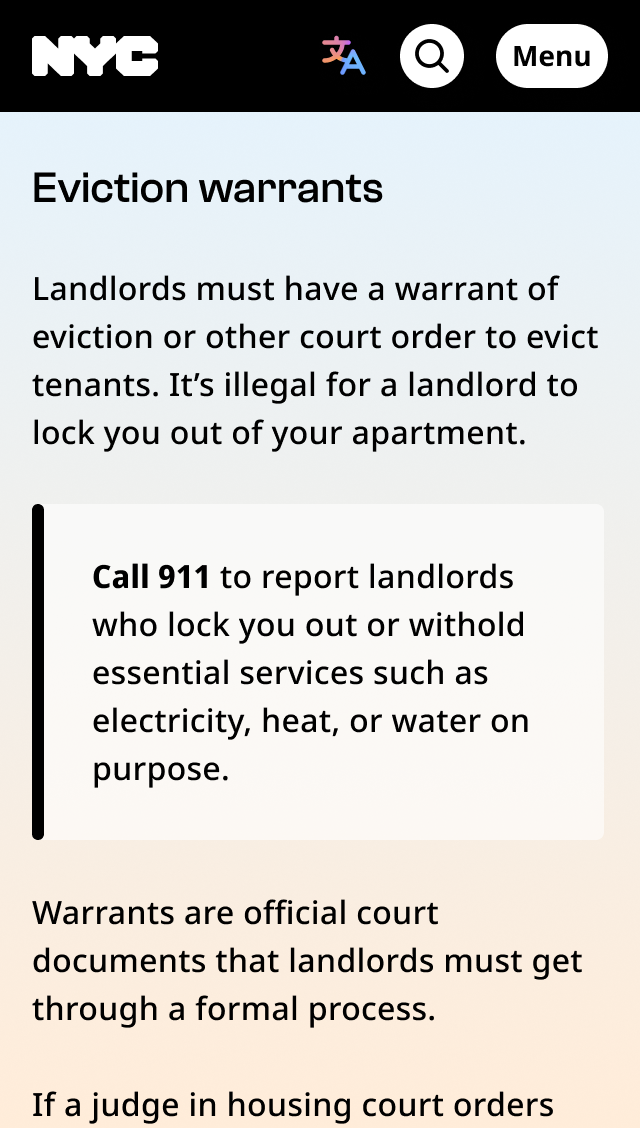 nyc.gov mobile portrait view: Eviction warrants heading with a paragraph of text followed by inline message: Call 911 to report landlords who lock you out or withhold essential services such as electricity, heat or water on purpose. Then followed a continuation of the article.