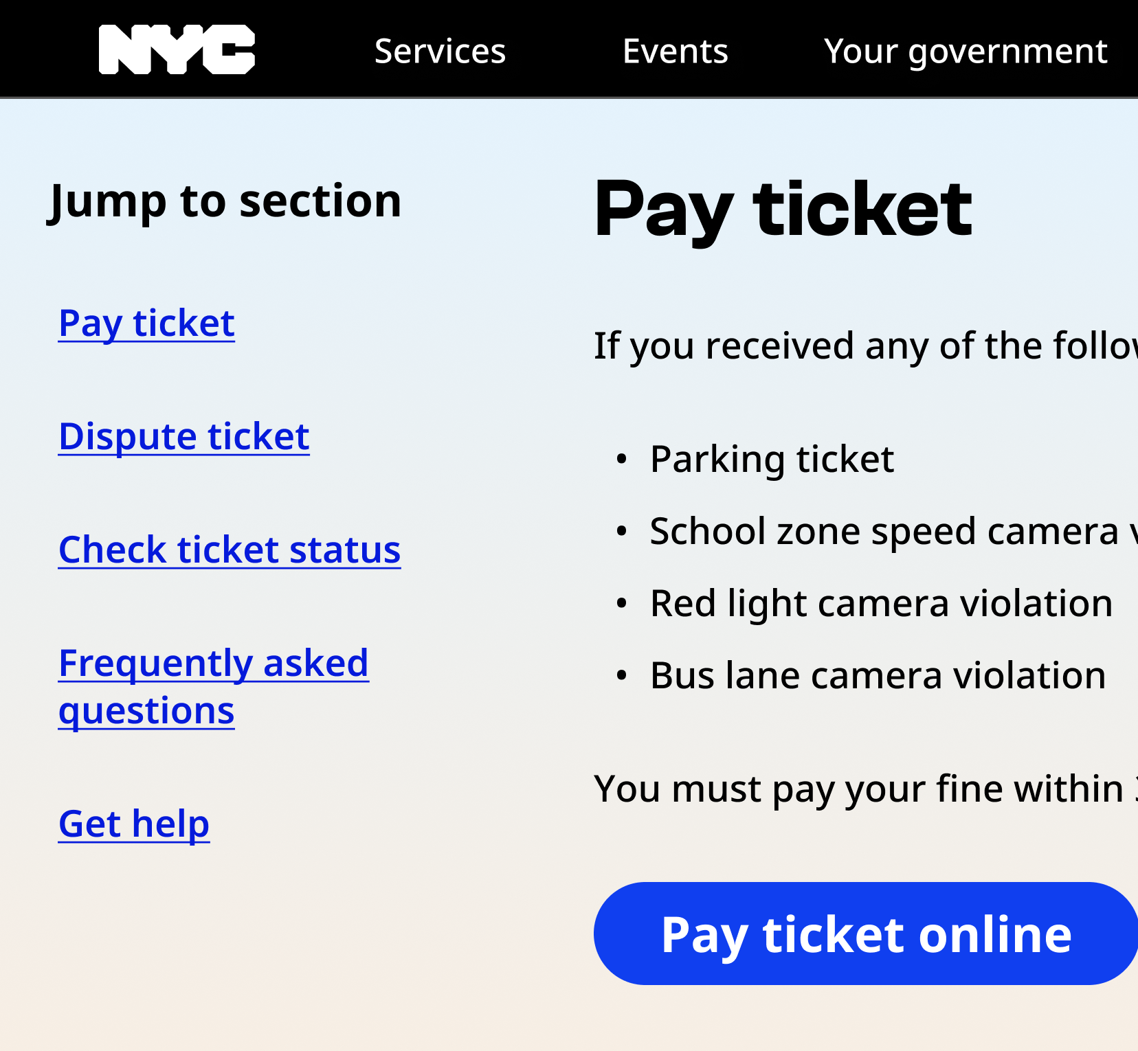 Desktop nyc.gov screenshot showing jump links to the left of content about paying a parking ticket. The jump link header reads "Jump to section." Below are jump links for "Pay ticket" "Dispute ticket" "Check ticket status" "Frequently asked questions" and "Get help"
