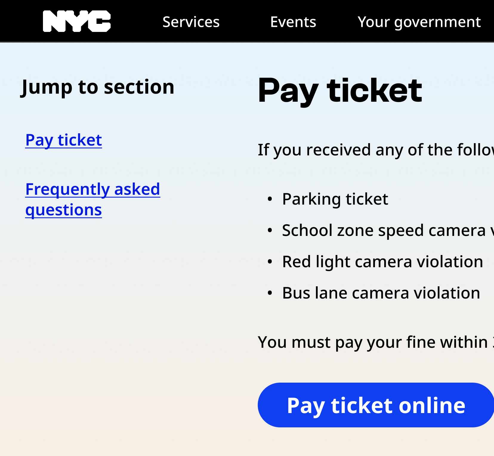 Desktop nyc.gov screenshot showing incorrect jump link usage to the left of content about paying a parking ticket. The jump link header reads "Jump to section." Below are two jump links for "Pay ticket" and "Frequently asked questions."