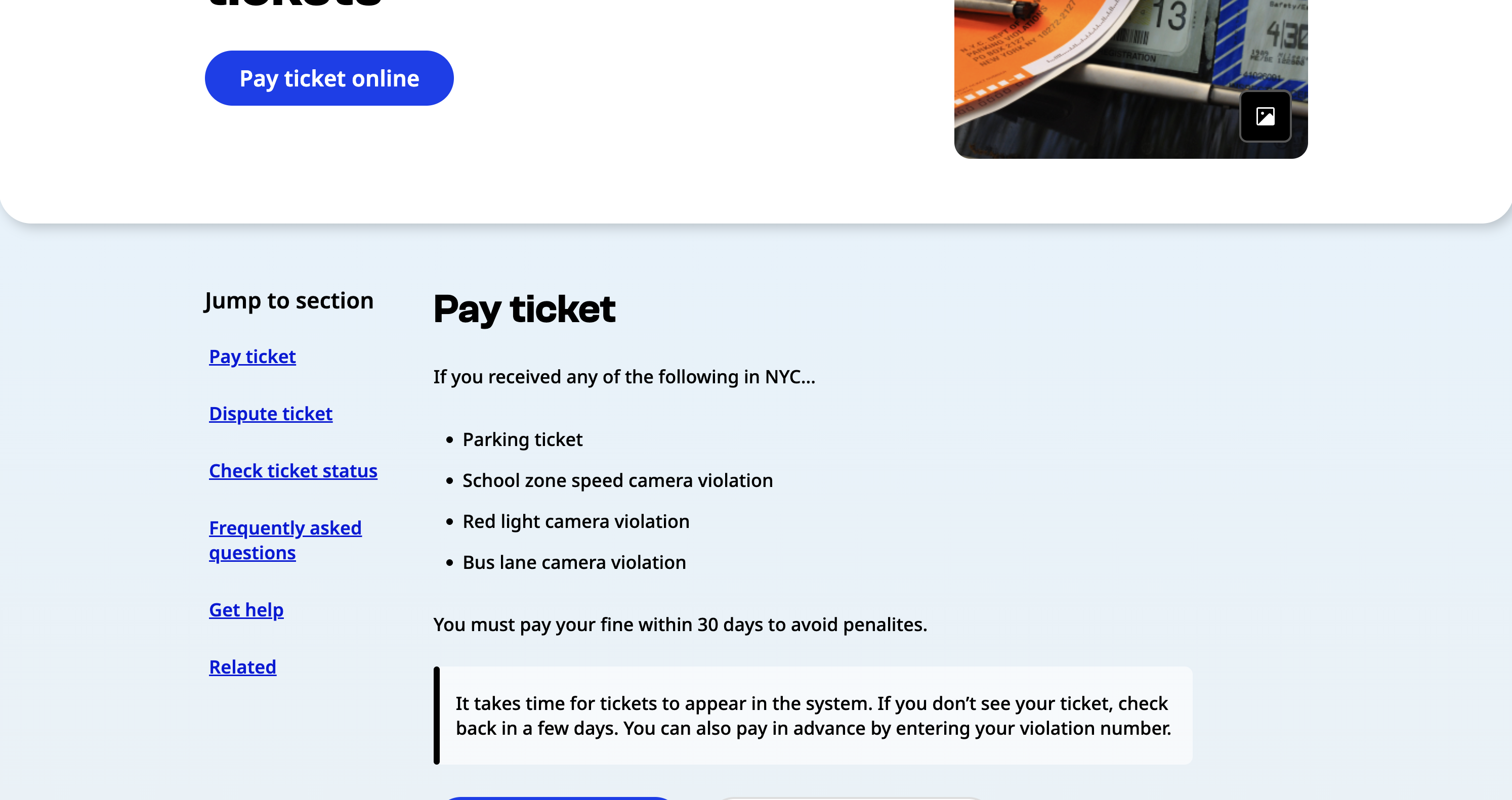 Desktop nyc.gov screenshot of the "Parking or camera tickets" page showing correct jump link placement. The jump links are below the white hero container and to the left of the main content. The first jump link "Pay ticket" corresponds to the first H2 on the page.